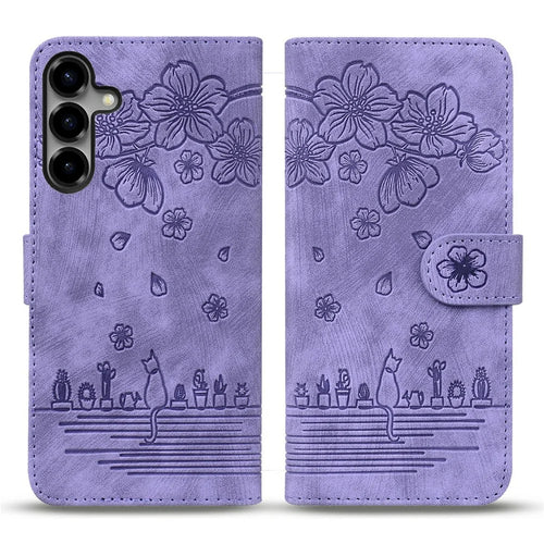 For Samsung Galaxy S26+ Case Cherry Blossom Cat Imprinted Leather Phone Cover with Wrist Strap - Purple - 1