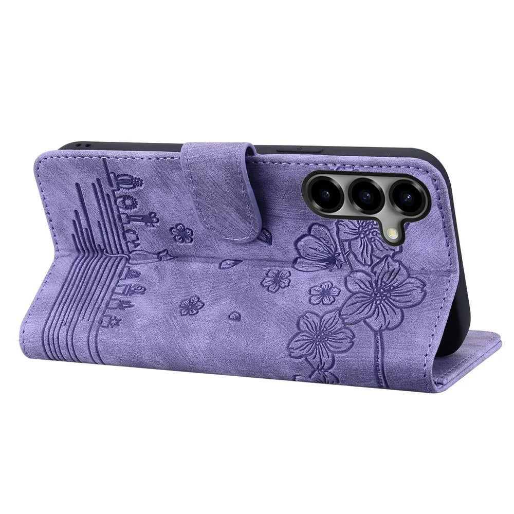 For Samsung Galaxy S26 Case Cherry Blossom Cat Imprinted Leather Phone Cover with Wrist Strap - Purple - 3