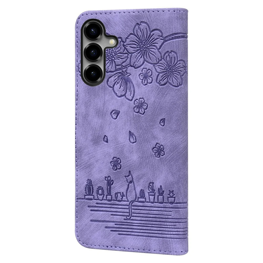 For Samsung Galaxy S26 Case Cherry Blossom Cat Imprinted Leather Phone Cover with Wrist Strap - Purple - 6