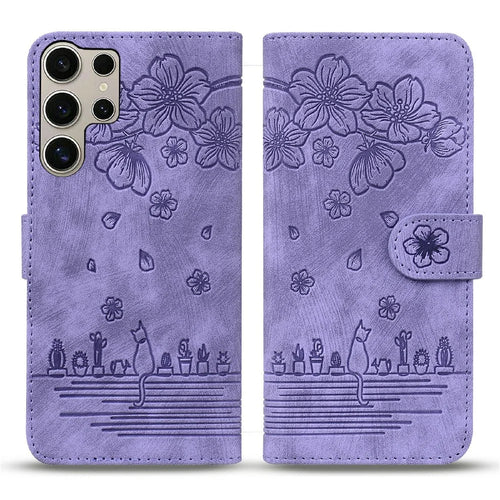 For Samsung Galaxy S26 Ultra Case Cherry Blossom Cat Imprinted Leather Phone Cover with Wrist Strap - Purple - 1