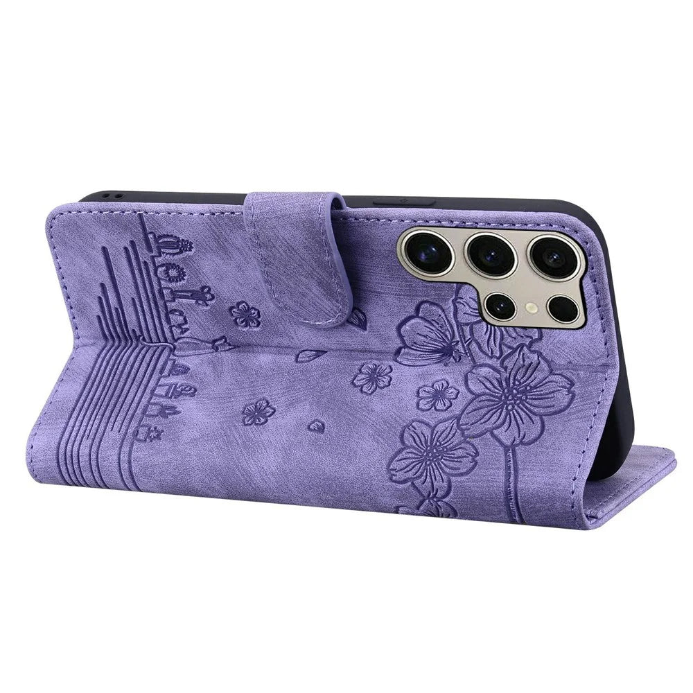 For Samsung Galaxy S26 Ultra Case Cherry Blossom Cat Imprinted Leather Phone Cover with Wrist Strap - Purple - 3