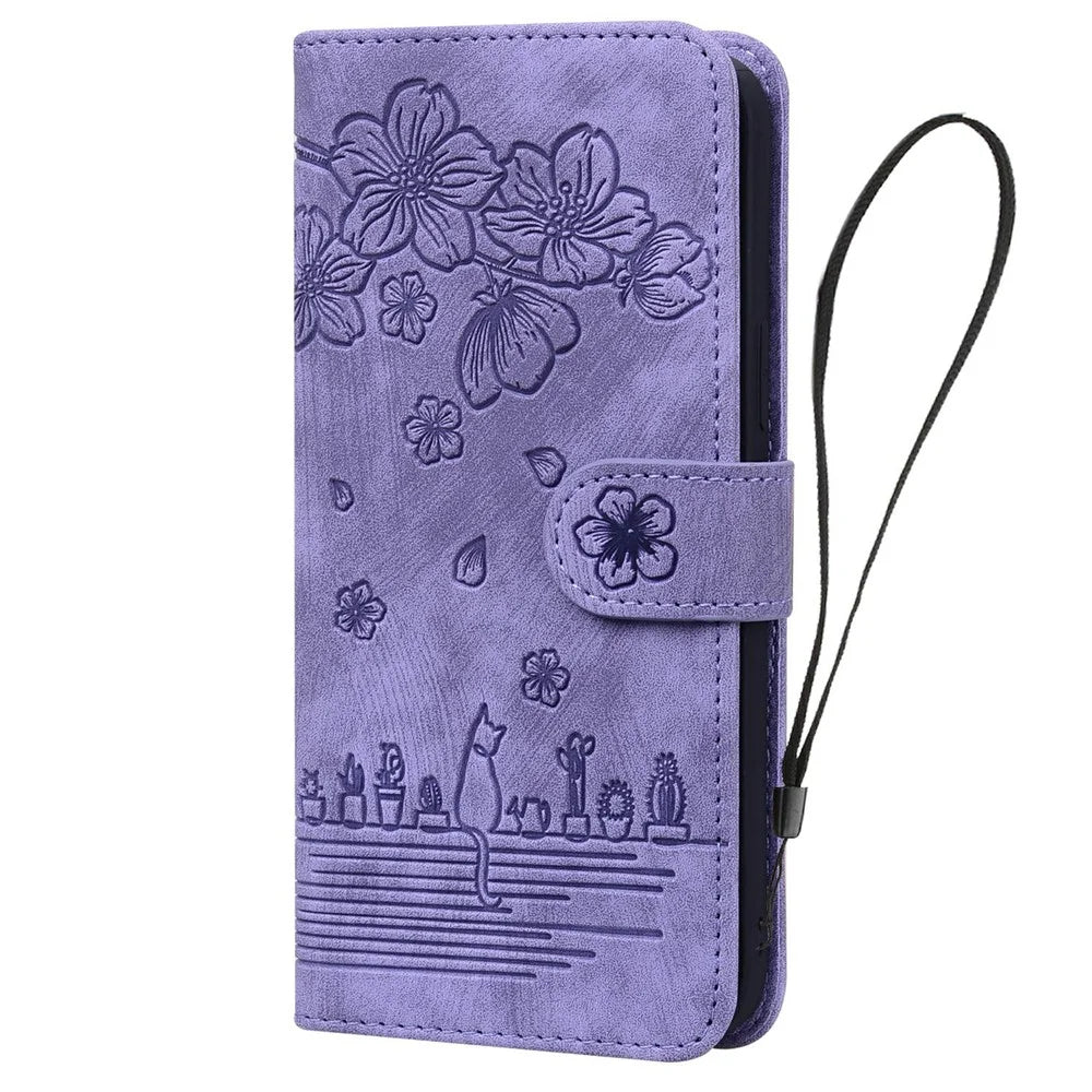 For Samsung Galaxy S26 Ultra Case Cherry Blossom Cat Imprinted Leather Phone Cover with Wrist Strap - Purple - 5