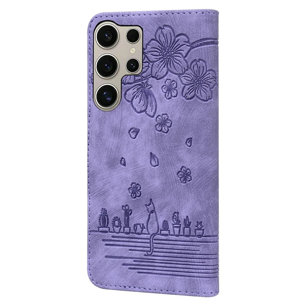 For Samsung Galaxy S26 Ultra Case Cherry Blossom Cat Imprinted Leather Phone Cover with Wrist Strap - Purple - 6