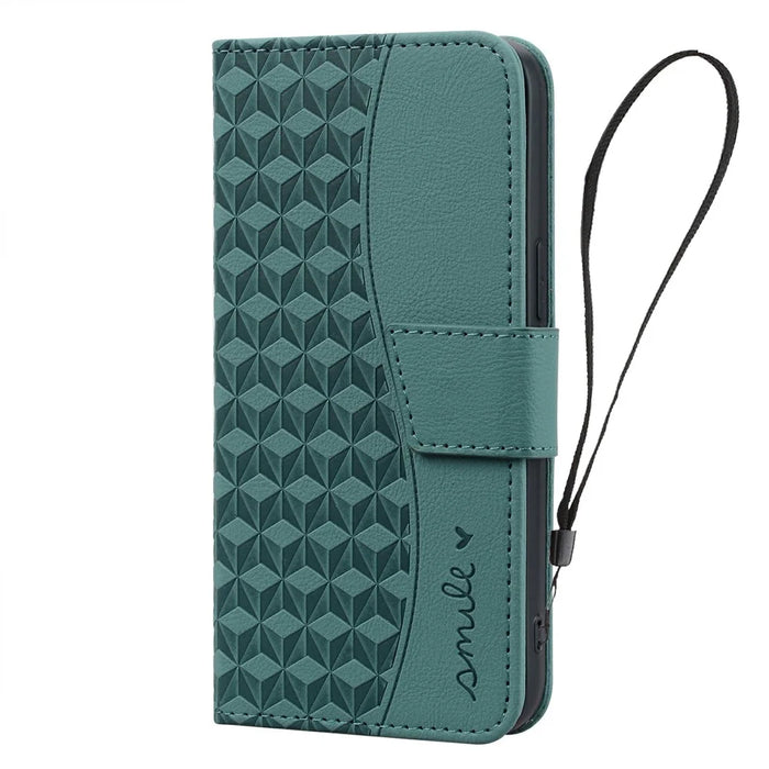 For Samsung Galaxy A37 5G Case Rhombus Pattern Leather Wallet Phone Cover with Wrist Strap - Green - 6