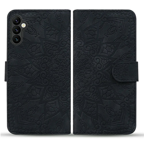 For Samsung Galaxy A57 5G Case Flower Imprinted PU Leather Wallet Flip Phone Cover with Wrist Strap - Black - 1