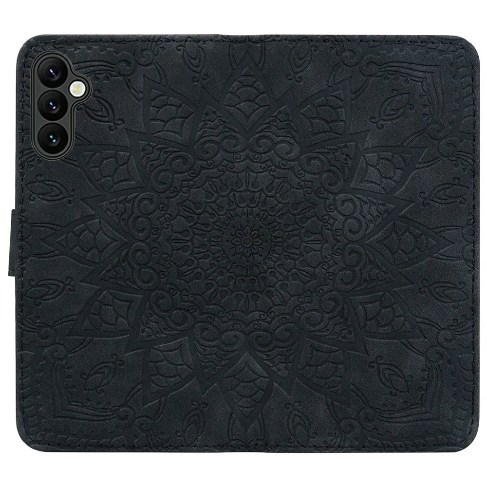 For Samsung Galaxy A57 5G Case Flower Imprinted PU Leather Wallet Flip Phone Cover with Wrist Strap - Black - 5