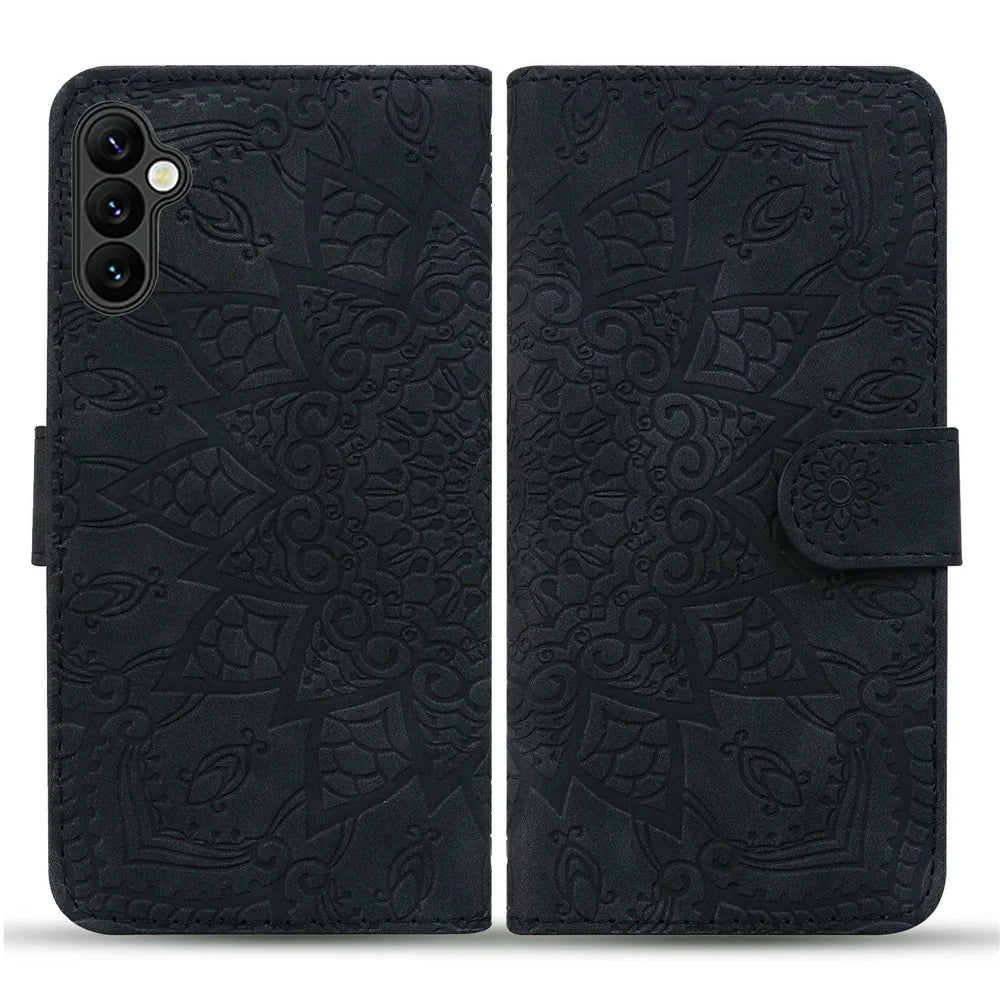 For Samsung Galaxy A37 5G Case Flower Imprinted PU Leather Wallet Flip Phone Cover with Wrist Strap - Black - 1