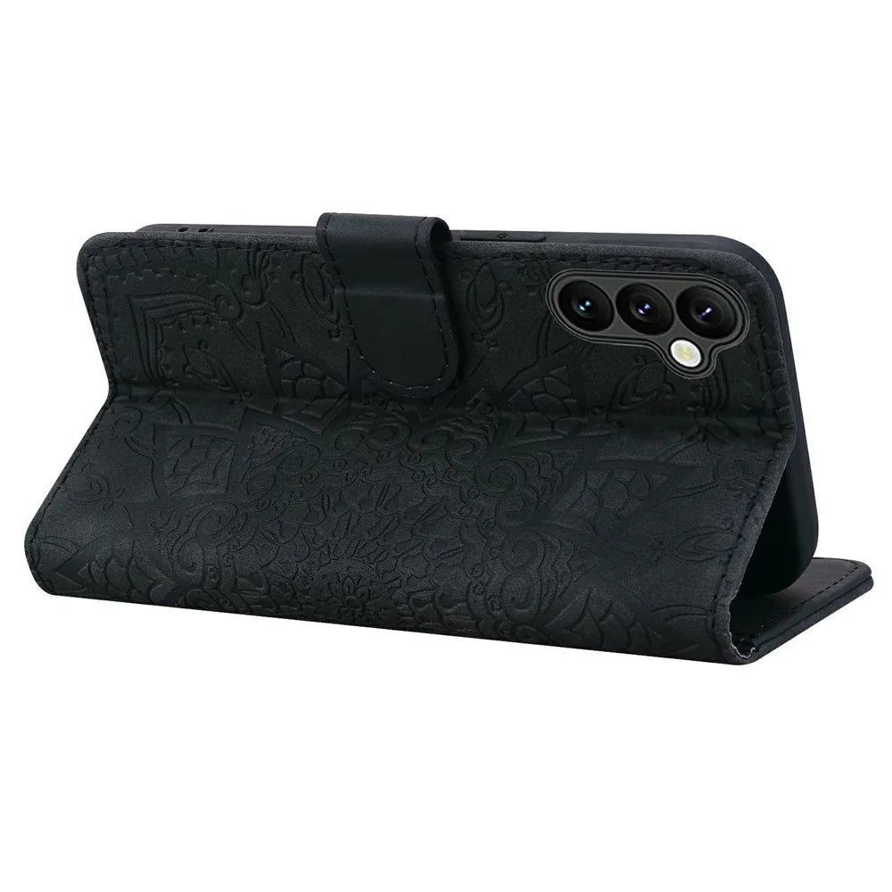 For Samsung Galaxy A37 5G Case Flower Imprinted PU Leather Wallet Flip Phone Cover with Wrist Strap - Black - 3