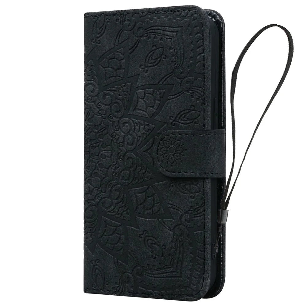 For Samsung Galaxy A37 5G Case Flower Imprinted PU Leather Wallet Flip Phone Cover with Wrist Strap - Black - 6