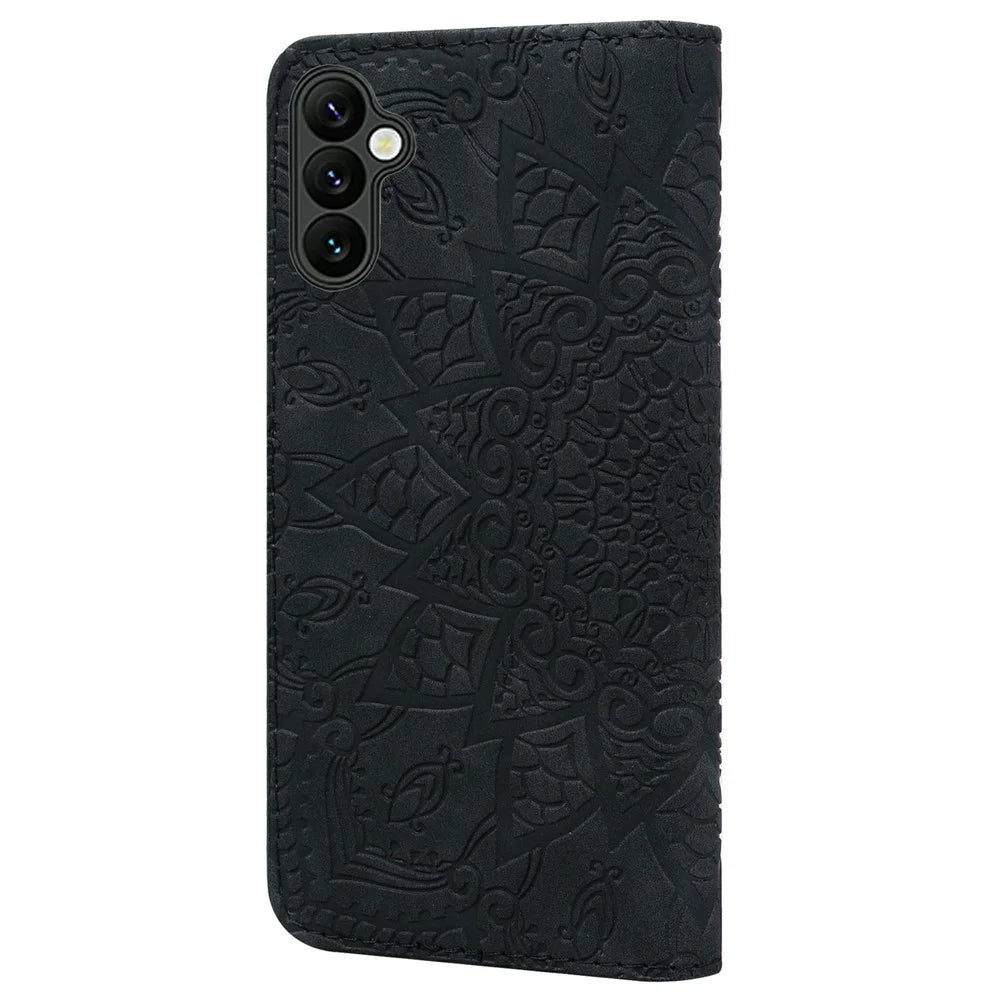 For Samsung Galaxy A37 5G Case Flower Imprinted PU Leather Wallet Flip Phone Cover with Wrist Strap - Black - 7