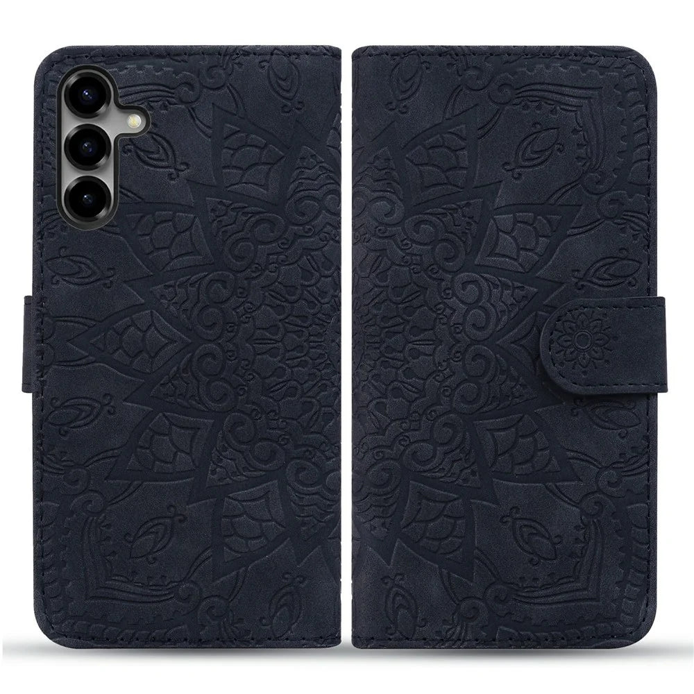 For Samsung Galaxy S26 Case Flower Imprinted PU Leather Wallet Flip Phone Cover with Wrist Strap - Black - 1