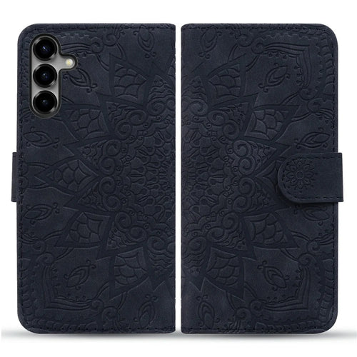 For Samsung Galaxy S26 Case Flower Imprinted PU Leather Wallet Flip Phone Cover with Wrist Strap - Black - 1