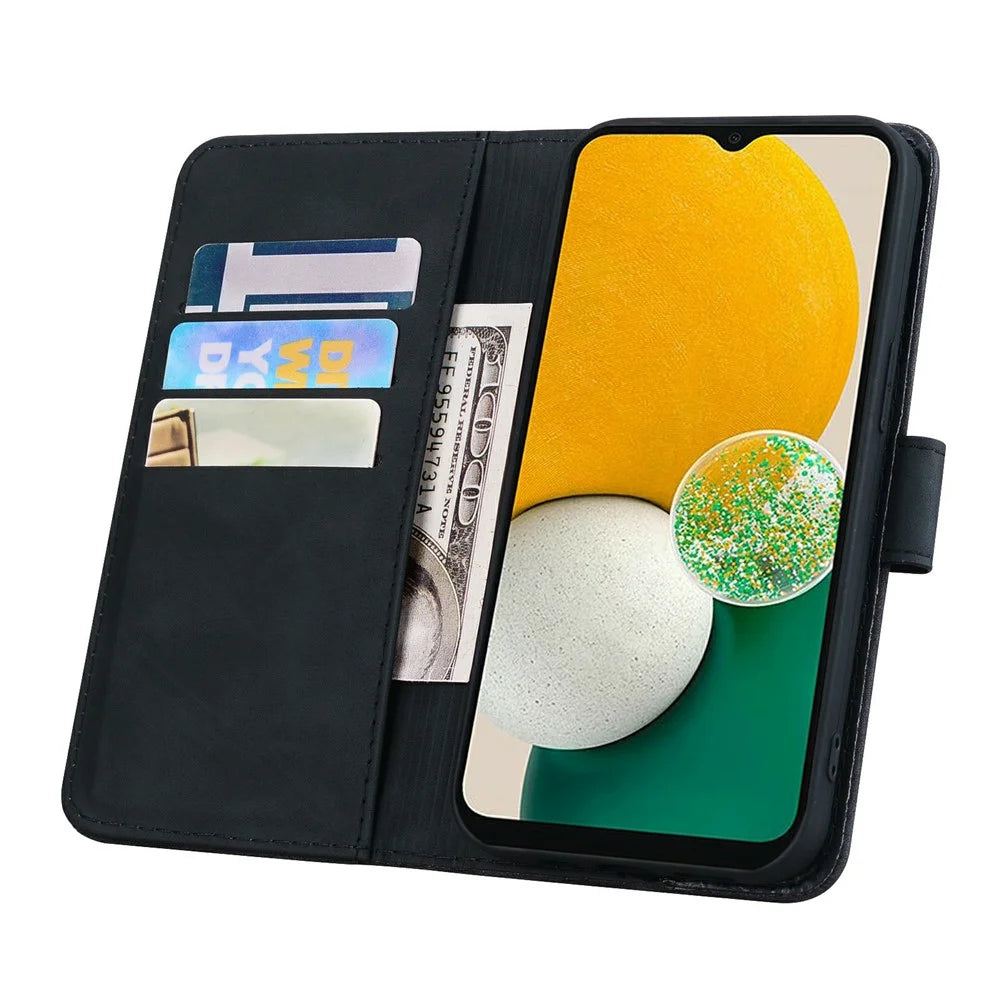 For Samsung Galaxy S26 Case Flower Imprinted PU Leather Wallet Flip Phone Cover with Wrist Strap - Black - 4
