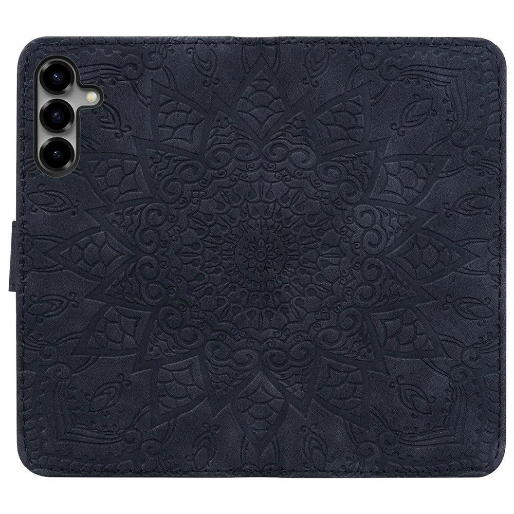 For Samsung Galaxy S26 Case Flower Imprinted PU Leather Wallet Flip Phone Cover with Wrist Strap - Black - 5