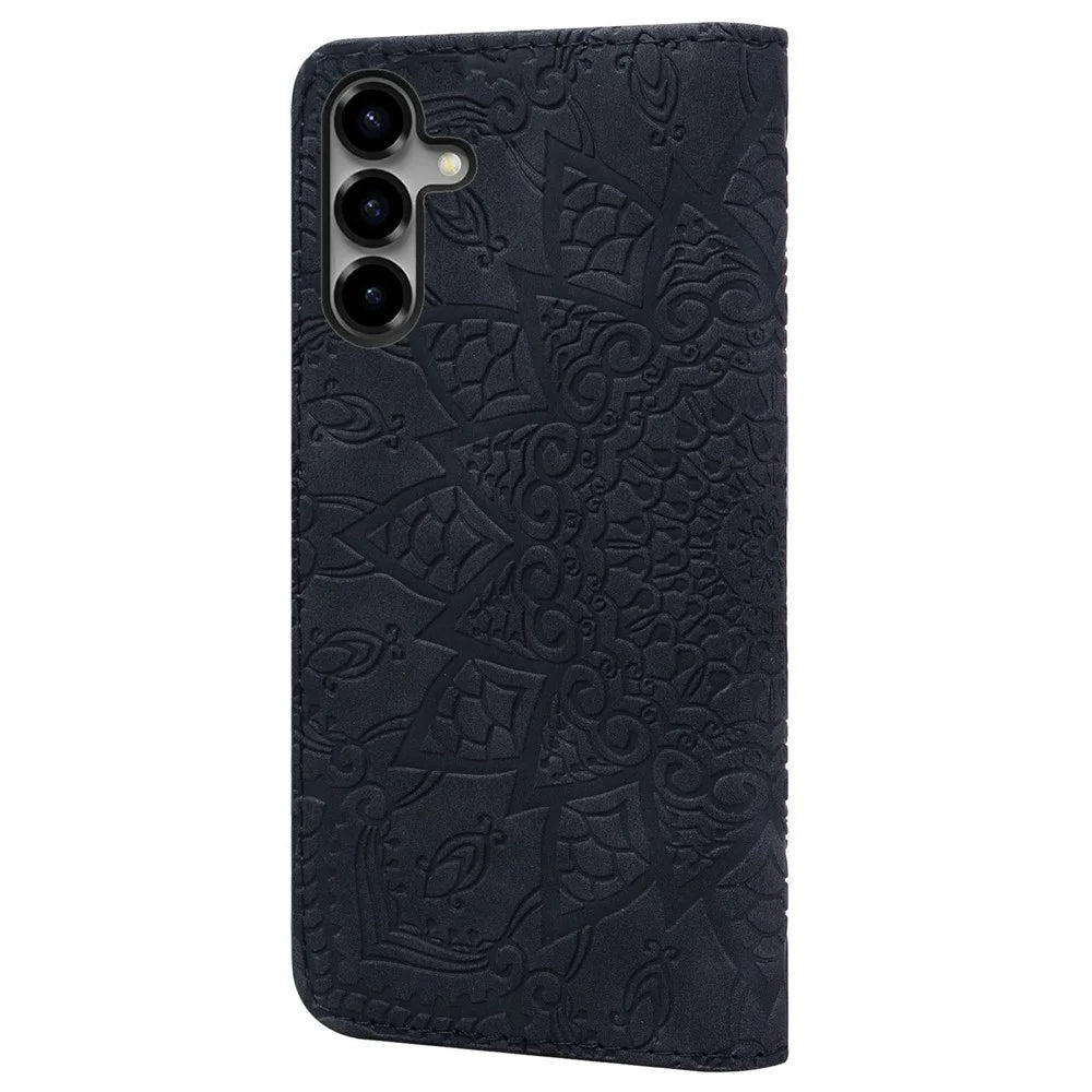 For Samsung Galaxy S26 Case Flower Imprinted PU Leather Wallet Flip Phone Cover with Wrist Strap - Black - 7