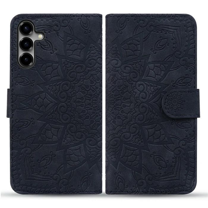For Samsung Galaxy S26+ Case Flower Imprinted PU Leather Wallet Flip Phone Cover with Wrist Strap - Black - 1