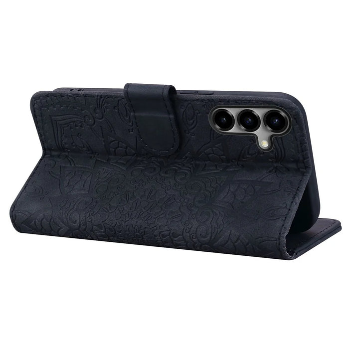 For Samsung Galaxy S26+ Case Flower Imprinted PU Leather Wallet Flip Phone Cover with Wrist Strap - Black - 3