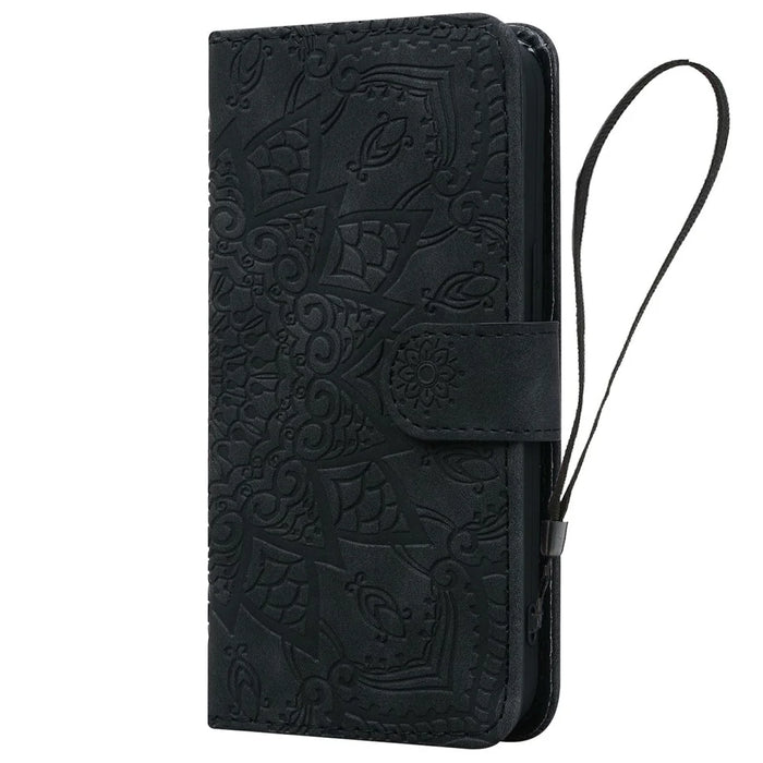 For Samsung Galaxy S26+ Case Flower Imprinted PU Leather Wallet Flip Phone Cover with Wrist Strap - Black - 6