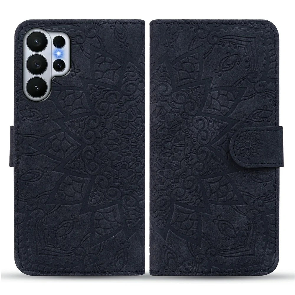 For Samsung Galaxy S26 Ultra Case Flower Imprinted PU Leather Wallet Flip Phone Cover with Wrist Strap - Black - 1