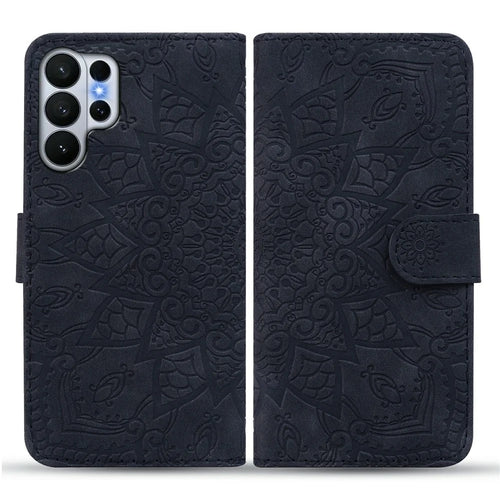 For Samsung Galaxy S26 Ultra Case Flower Imprinted PU Leather Wallet Flip Phone Cover with Wrist Strap - Black - 1