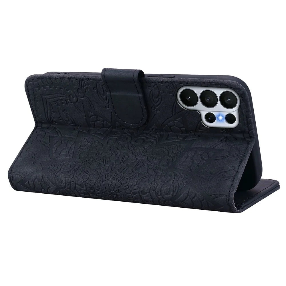 For Samsung Galaxy S26 Ultra Case Flower Imprinted PU Leather Wallet Flip Phone Cover with Wrist Strap - Black - 3