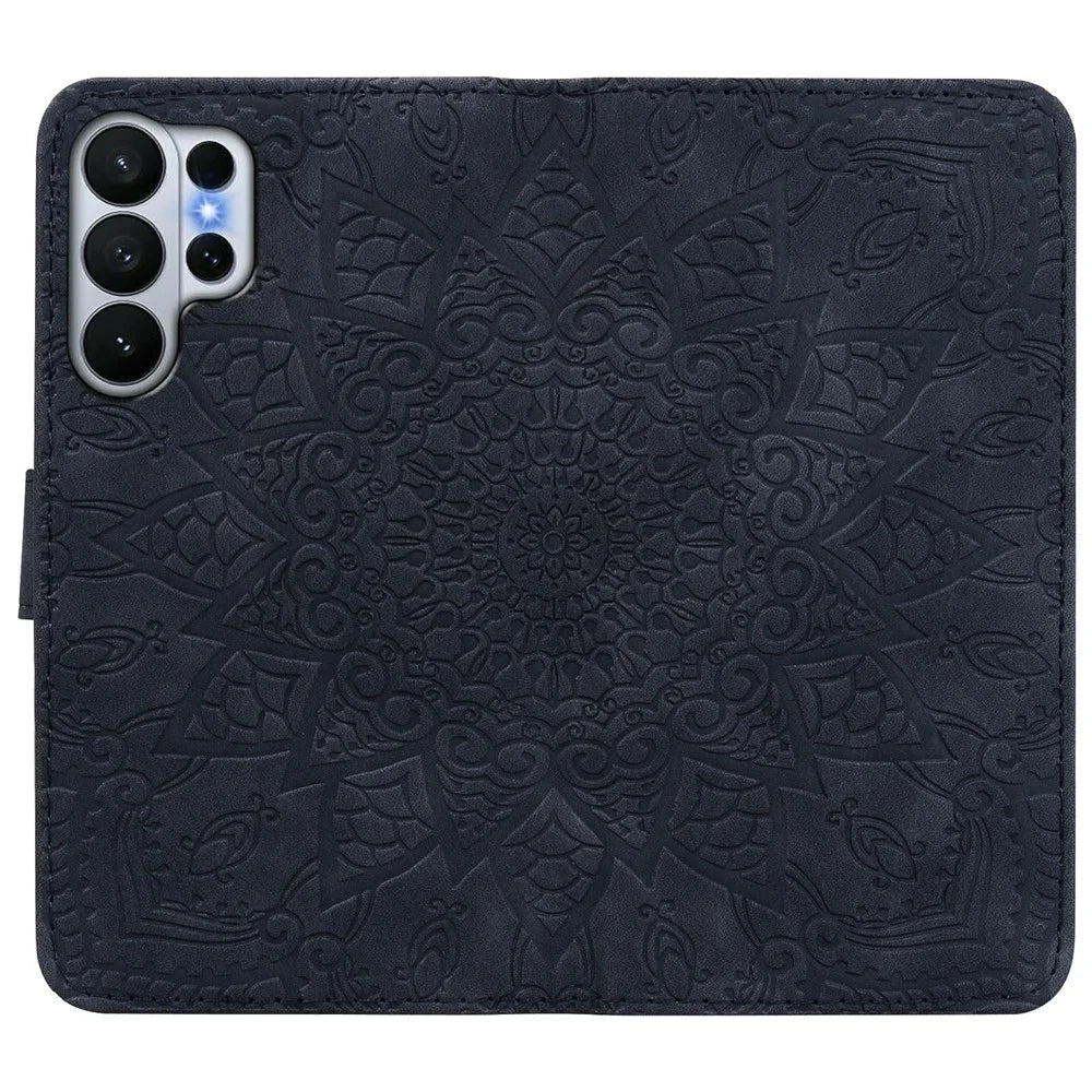 For Samsung Galaxy S26 Ultra Case Flower Imprinted PU Leather Wallet Flip Phone Cover with Wrist Strap - Black - 5