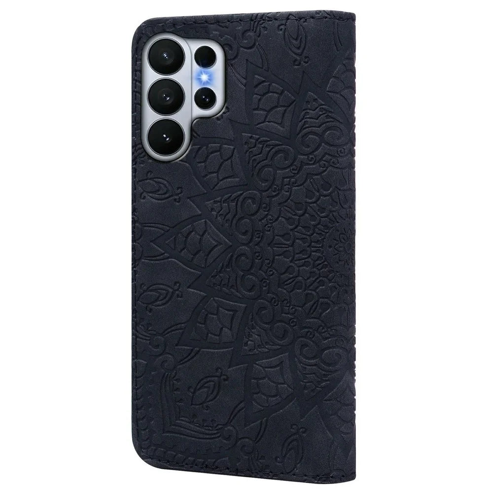 For Samsung Galaxy S26 Ultra Case Flower Imprinted PU Leather Wallet Flip Phone Cover with Wrist Strap - Black - 7