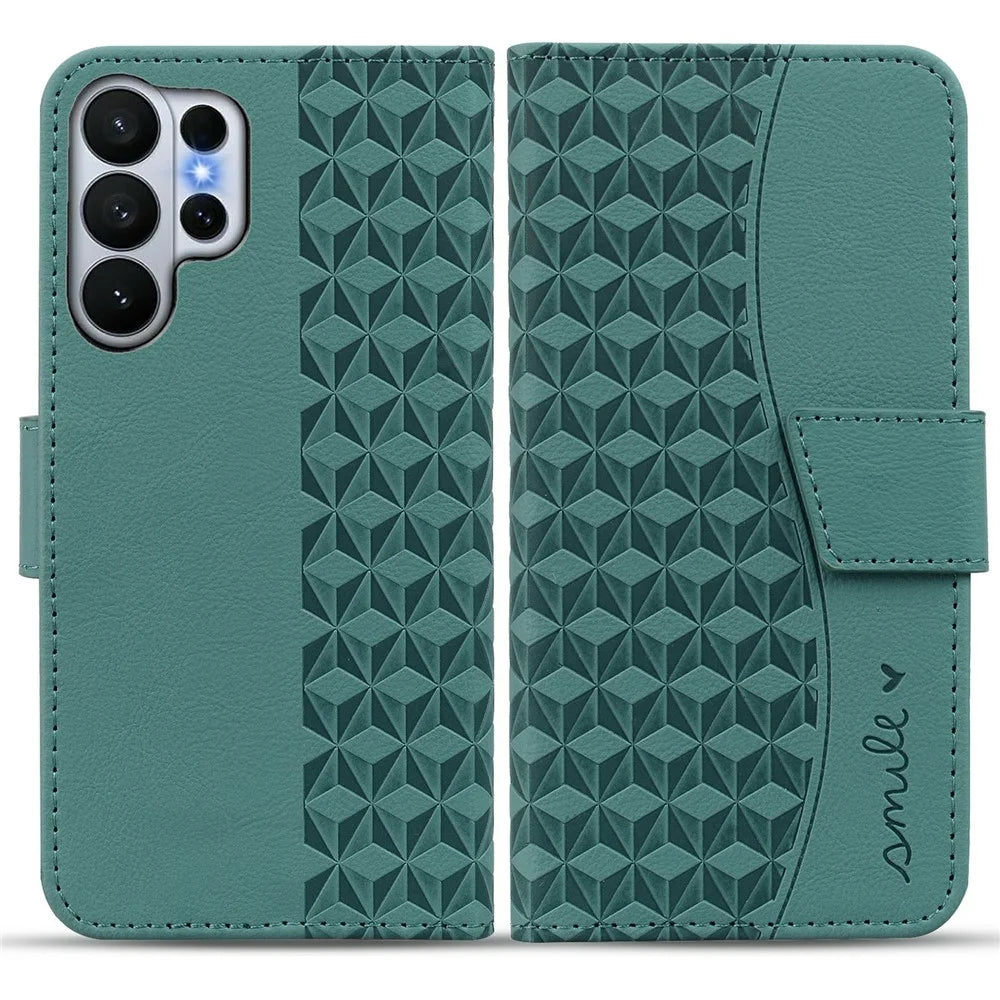 For Samsung Galaxy S26 Ultra Case Rhombus Pattern Leather Wallet Phone Cover with Wrist Strap - Green - 1