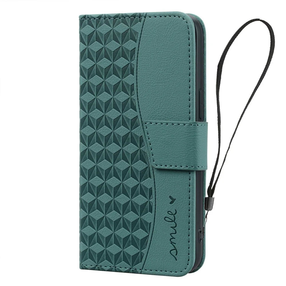 For Samsung Galaxy S26 Case Rhombus Pattern Leather Wallet Phone Cover with Wrist Strap - Green - 6
