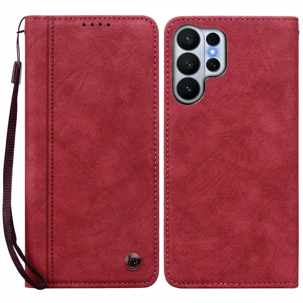 For Samsung Galaxy S26 Ultra Case Lines Pattern Wallet Leather Phone Cover with Strap - Red - 1
