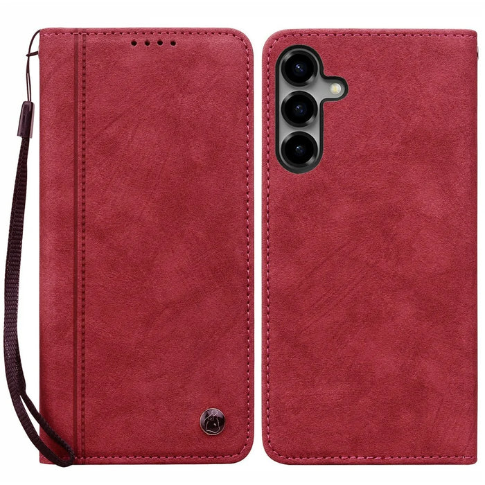 For Samsung Galaxy S26 Case Cherry Blossom Cat Imprinted Leather Phone Cover with Wrist Strap - Red - 1