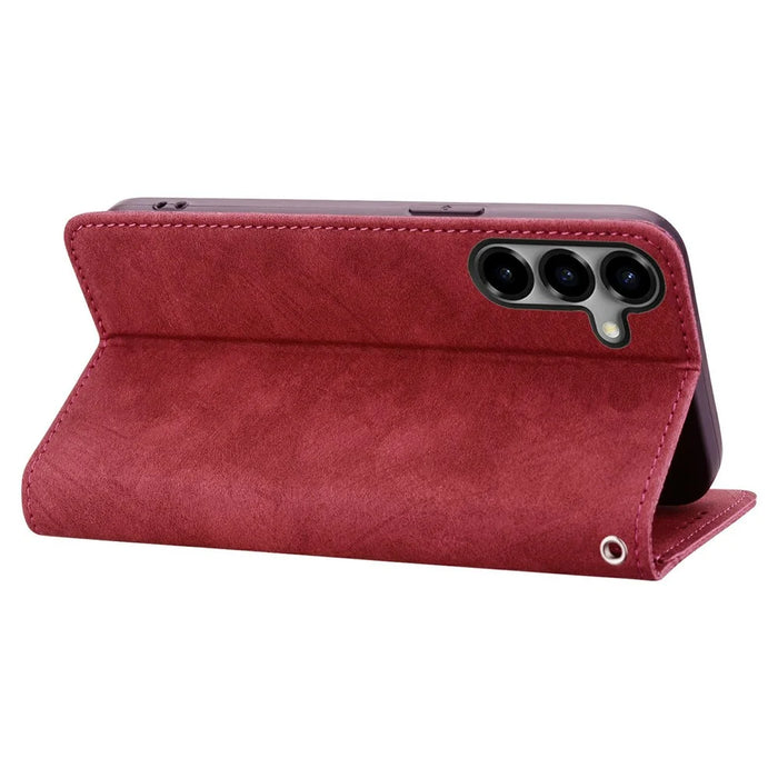For Samsung Galaxy S26 Case Cherry Blossom Cat Imprinted Leather Phone Cover with Wrist Strap - Red - 3
