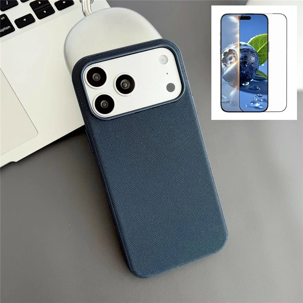 For iPhone 17 Pro Magnetic Case with Tempered Glass Screen Protector Fabric Texture PC + TPU Phone Cover Compatible with MagSafe - Blue - 1