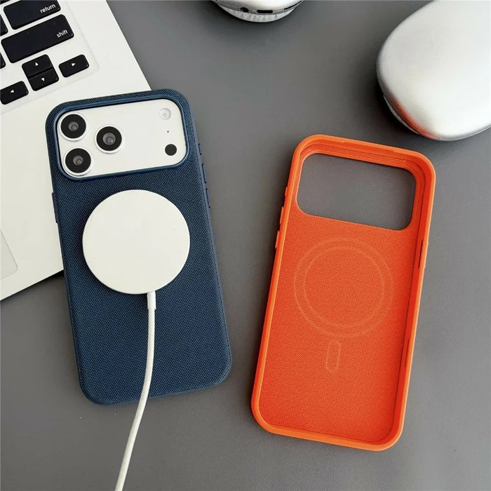 For iPhone 17 Pro Magnetic Case with Tempered Glass Screen Protector Fabric Texture PC + TPU Phone Cover Compatible with MagSafe - Blue - 2