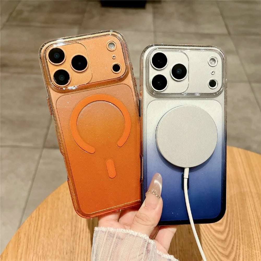 For iPhone 17 Pro Gradient Glitter Magnetic Case with Tempered Glass Screen Protector Cover Compatible with Magsafe- Blue - 3