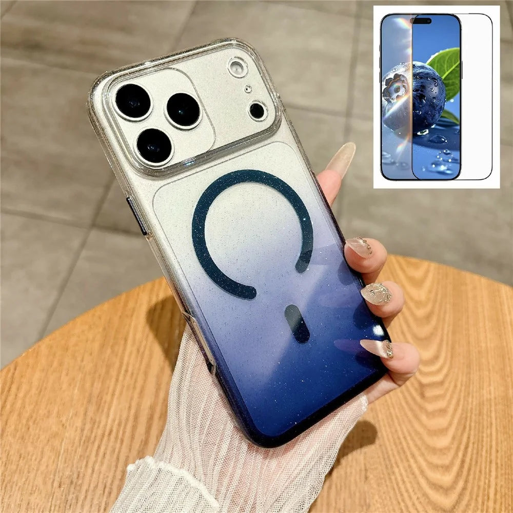 For iPhone 17 Pro Max Gradient Glitter Magnetic Case with Tempered Glass Screen Protector Cover Compatible with Magsafe - Blue - 1