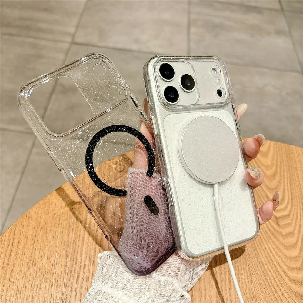 For iPhone 17 Pro Max Gradient Glitter Magnetic Case with Tempered Glass Screen Protector Cover Compatible with Magsafe - Blue - 4
