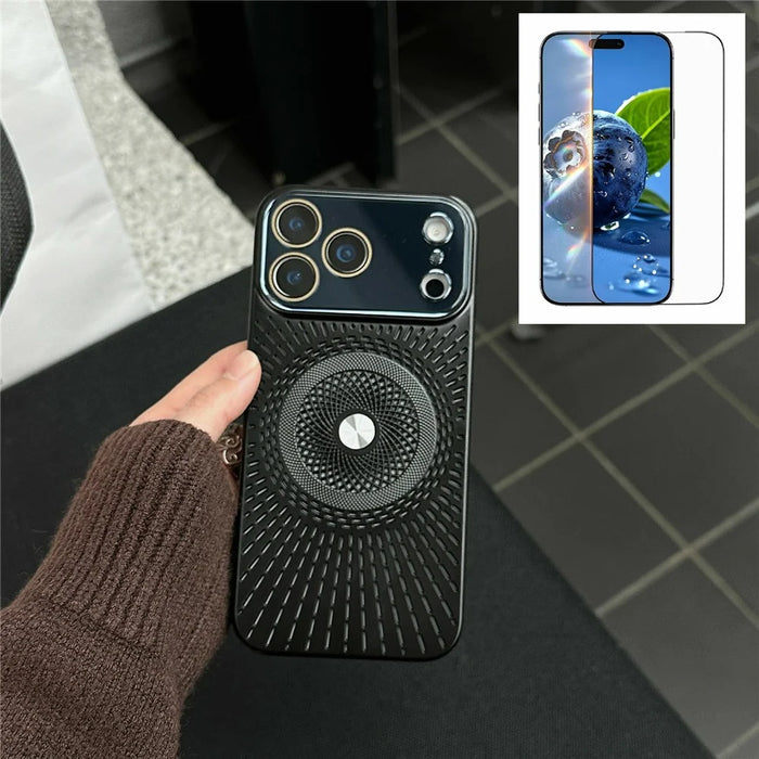 For iPhone 17 Pro Max Hollow Heat Dissipation Magnetic Case with Tempered Glass Screen Protector Shockproof Cover Compatible with Magsafe - Black - 1