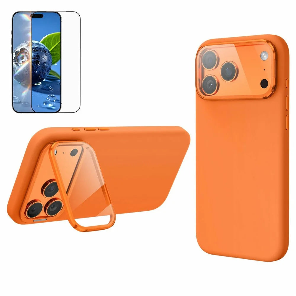 For iPhone 17 Pro Liquid Silicone Magnetic Case with Screen Protector Lens Protector Kickstand Mobile Cover Compatible with MagSafe - Orange - 1