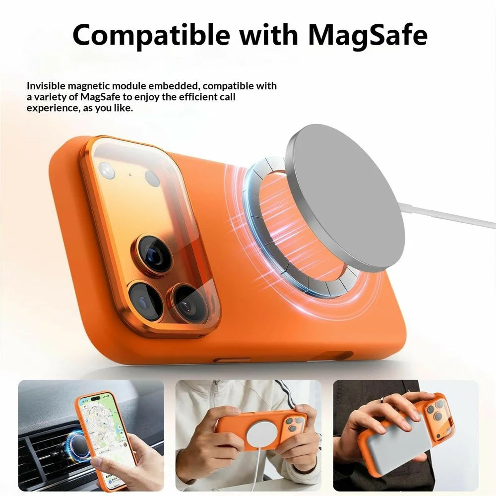 For iPhone 17 Pro Liquid Silicone Magnetic Case with Screen Protector Lens Protector Kickstand Mobile Cover Compatible with MagSafe - Orange - 2