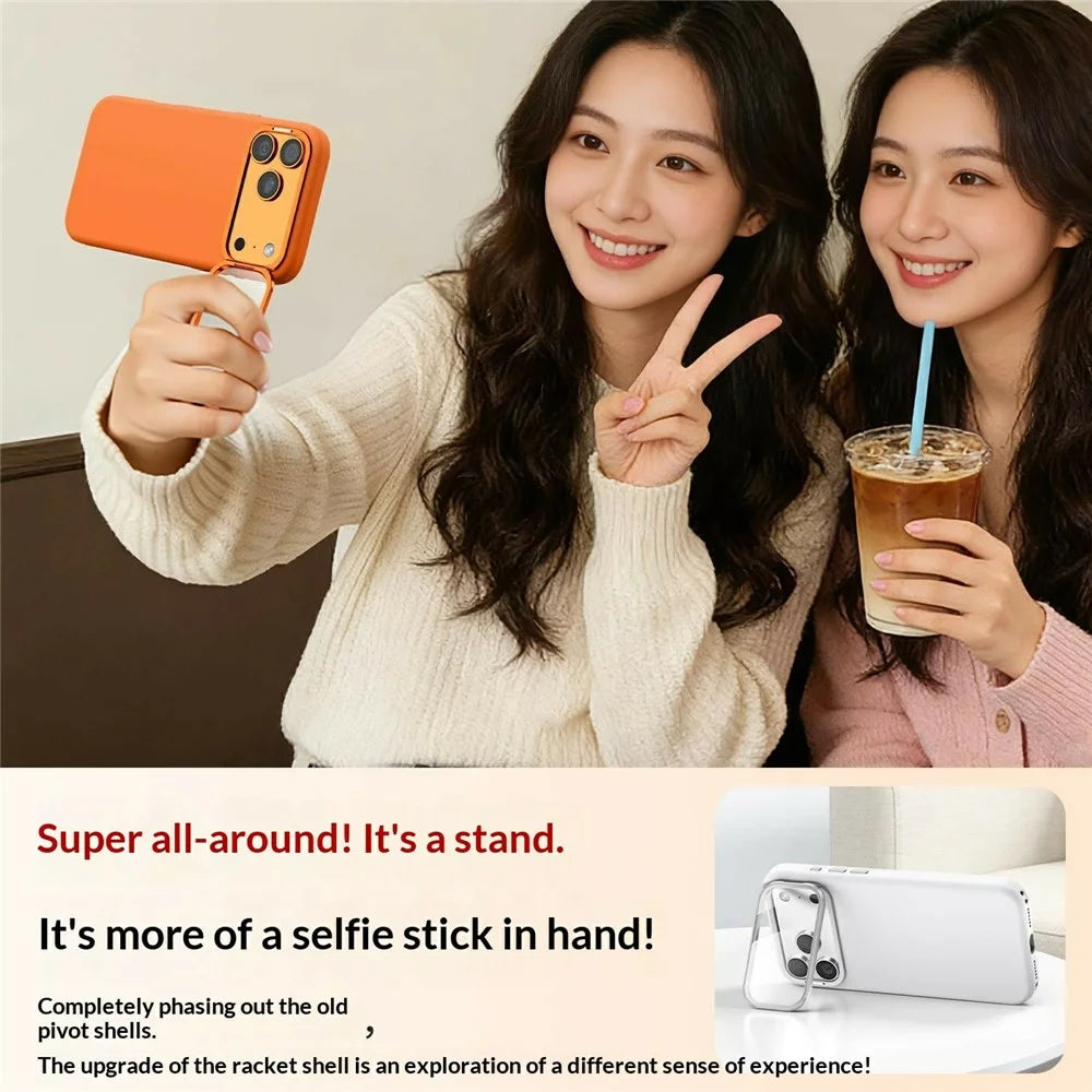 For iPhone 17 Pro Liquid Silicone Magnetic Case with Screen Protector Lens Protector Kickstand Mobile Cover Compatible with MagSafe - Orange - 3