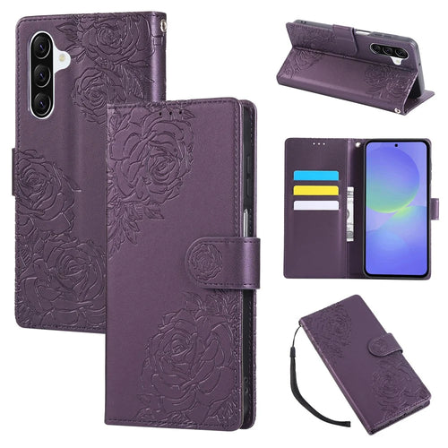 For Samsung Galaxy A57 5G Leather Case Rose Flower Wallet Phone Cover with 3 Card Slots  /  Wrist Strap - Dark Purple - 1