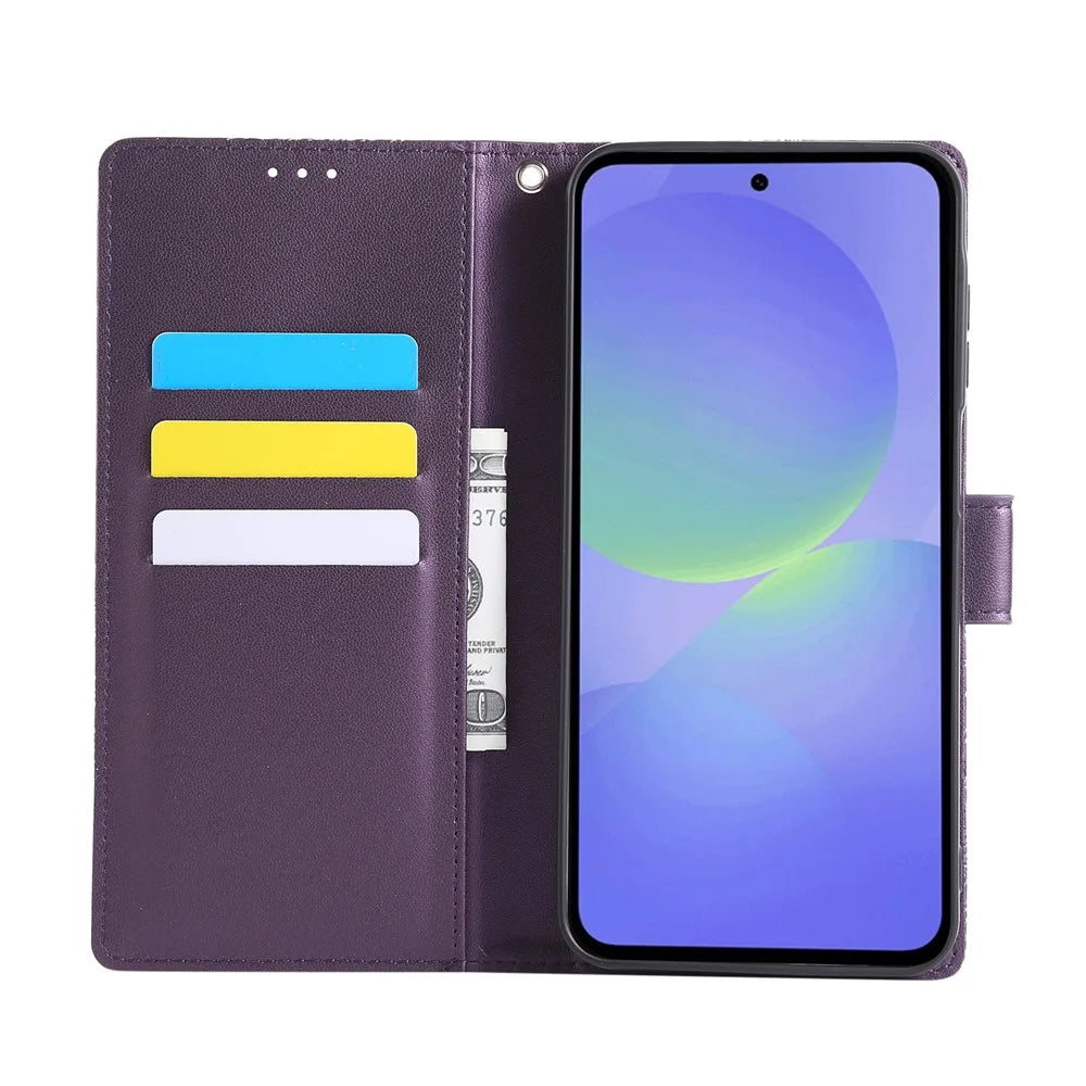 For Samsung Galaxy A57 5G Leather Case Rose Flower Wallet Phone Cover with 3 Card Slots  /  Wrist Strap - Dark Purple - 2