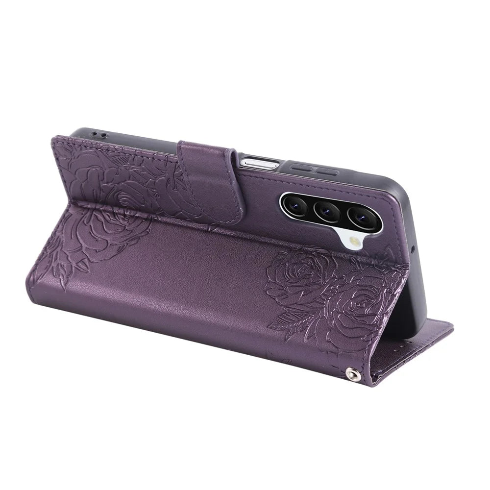 For Samsung Galaxy A57 5G Leather Case Rose Flower Wallet Phone Cover with 3 Card Slots  /  Wrist Strap - Dark Purple - 3