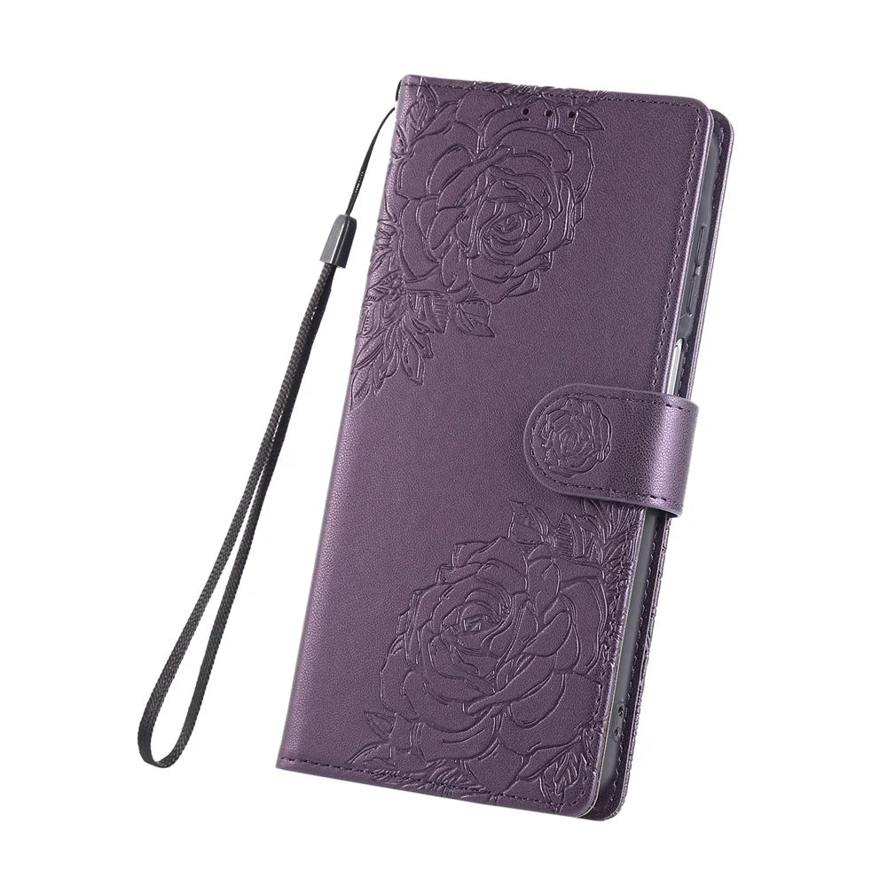 For Samsung Galaxy A57 5G Leather Case Rose Flower Wallet Phone Cover with 3 Card Slots  /  Wrist Strap - Dark Purple - 5