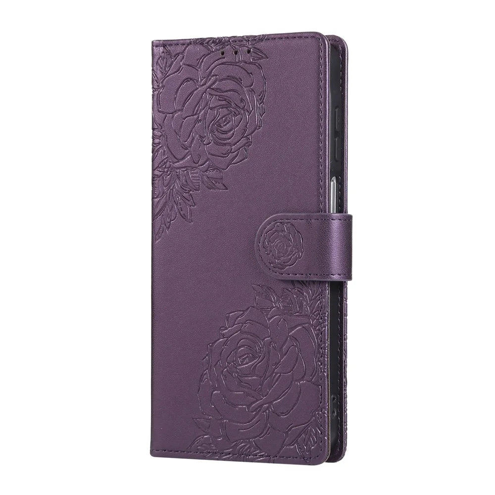 For Samsung Galaxy A57 5G Leather Case Rose Flower Wallet Phone Cover with 3 Card Slots  /  Wrist Strap - Dark Purple - 6
