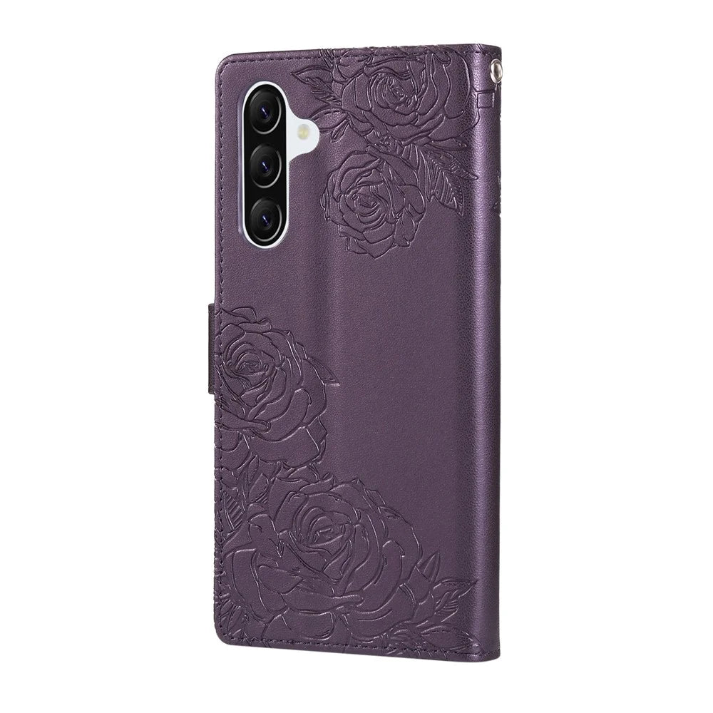 For Samsung Galaxy A57 5G Leather Case Rose Flower Wallet Phone Cover with 3 Card Slots  /  Wrist Strap - Dark Purple - 7