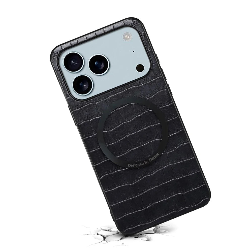 DENIOR A09+1 For iPhone 17 Pro Magnetic Case Crocodile Texture Leather Coated PC TPU Phone Cover - Black - 2