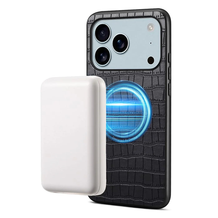DENIOR A09+1 For iPhone 17 Pro Magnetic Case Crocodile Texture Leather Coated PC TPU Phone Cover - Black - 3