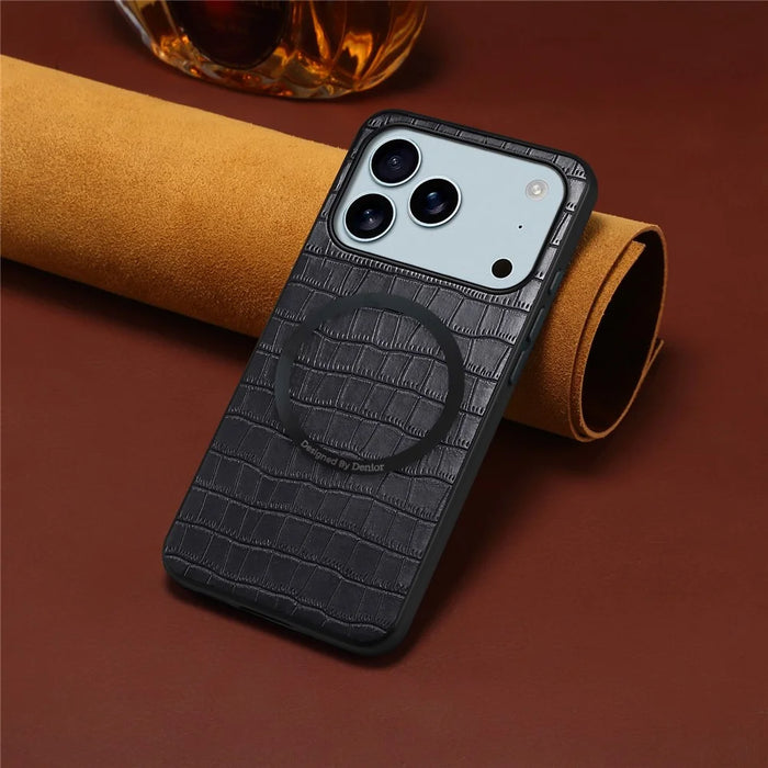 DENIOR A09+1 For iPhone 17 Pro Magnetic Case Crocodile Texture Leather Coated PC TPU Phone Cover - Black - 4